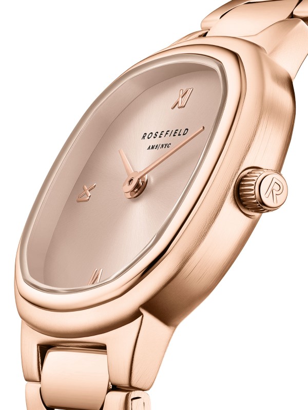 Rosefield Gaia XS. Ženski sat u boji ružičastog zlata. Malo kućište (25mm) i sunray brojčanik za romantičan sjaj.