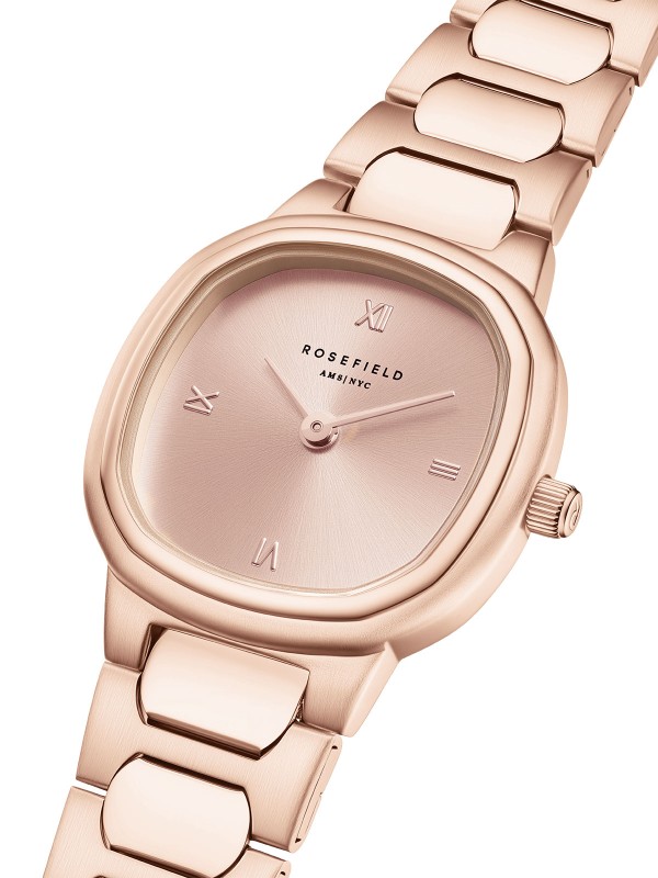 Rosefield Gaia XS. Ženski sat u boji ružičastog zlata. Malo kućište (25mm) i sunray brojčanik za romantičan sjaj.