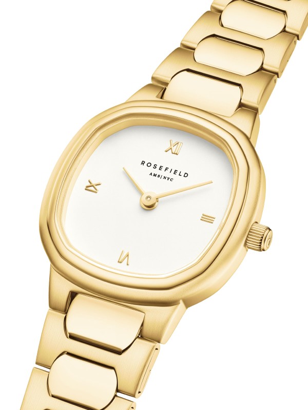Rosefield Gaia XS. Ženski sat u zlatnom tonu. Malo retro kućište (25mm), bež brojčanik i elegantna metalna narukvica.