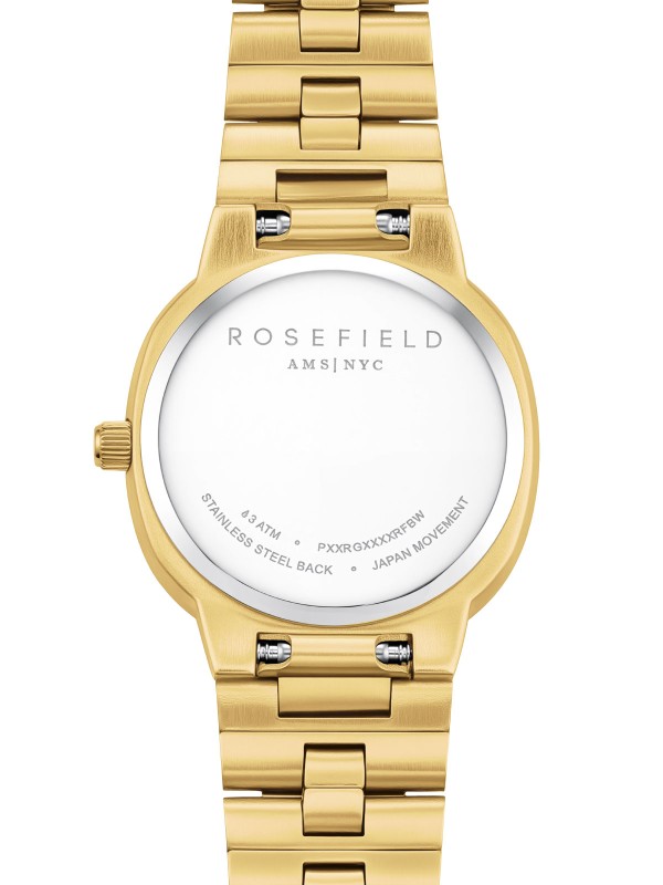 Rosefield Gaia XS. Ženski sat u zlatnom tonu. Malo retro kućište (25mm), bež brojčanik i elegantna metalna narukvica.