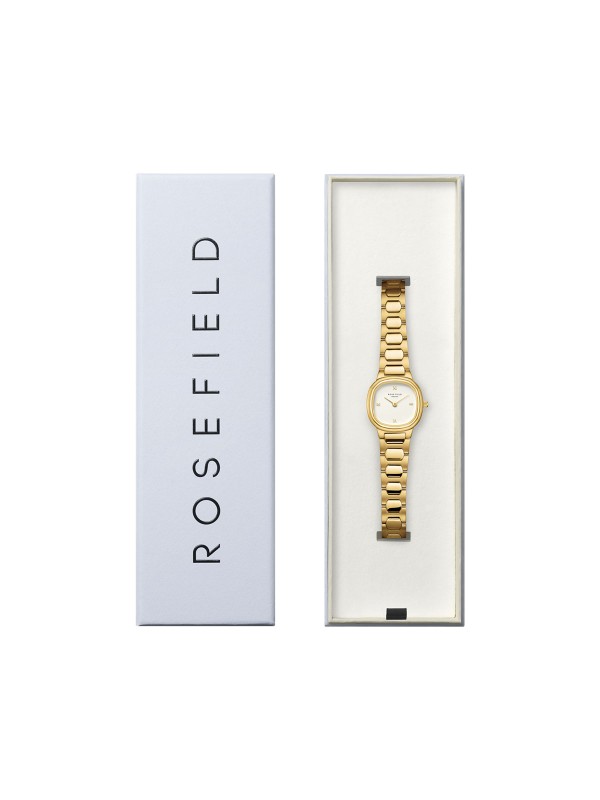Rosefield Gaia XS. Ženski sat u zlatnom tonu. Malo retro kućište (25mm), bež brojčanik i elegantna metalna narukvica.