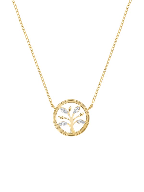 Ogrlica u zlatnom tonu sa priveskom Drvo života okruženim cirkonima. Moćan simbol snage i novih početaka. Savršen poklon.