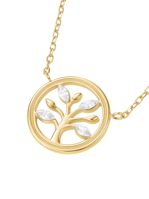 Ogrlica u zlatnom tonu sa priveskom Drvo života okruženim cirkonima. Moćan simbol snage i novih početaka. Savršen poklon.