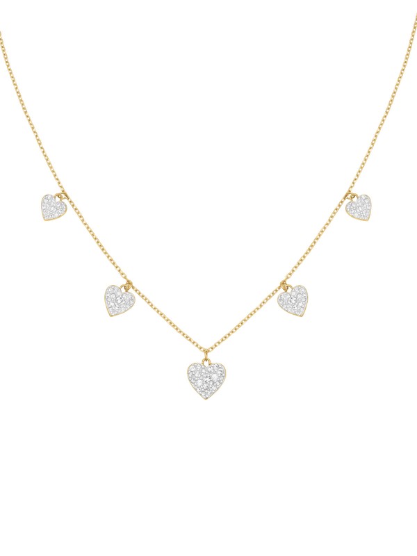 Ogrlica u zlatnom tonu sa nizom visećih srca. Ukrašena belim cirkonima za razigran i svetlucav efekat oko vrata.