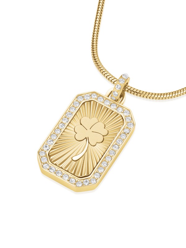 Ogrlica u zlatnom tonu sa priveskom deteline sa četiri lista i diskretnim cirkonima. Bezvremenski i elegantan simbol sreće.