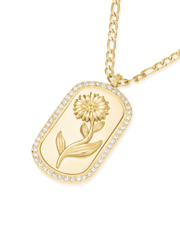 Duga ogrlica (69cm) u zlatnom tonu sa priveskom margarete i žutim cirkonom. Simbol čistoće i novih početaka.