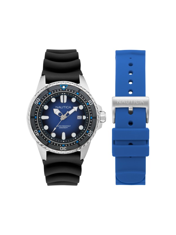 Nautica NCT Sea Dive muški ronilački sat u box setu sa dve silikonske narukvice, kvarcnim mehanizmom, datumom i vodootpornošću do 200m.