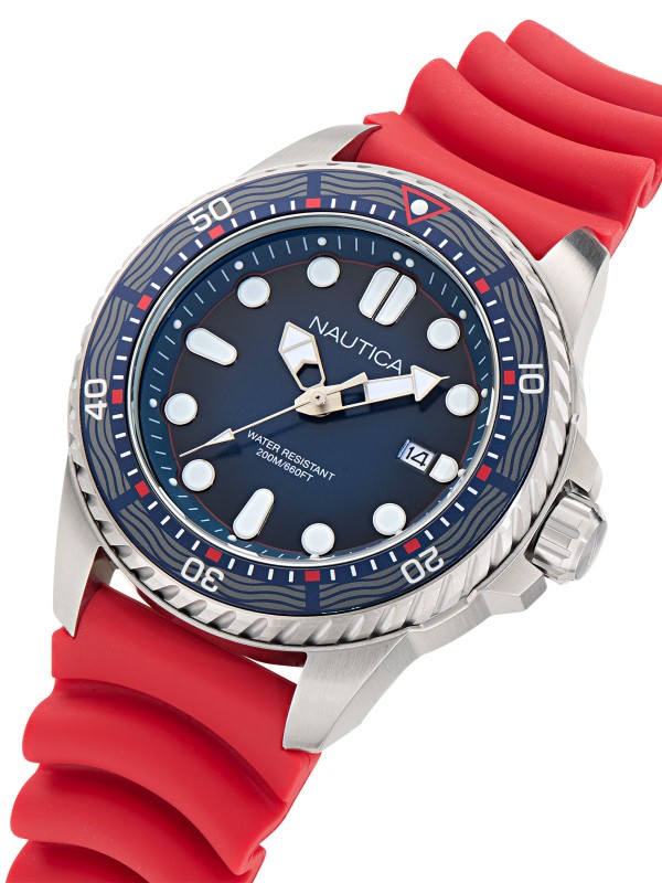 Nautica NCT Sea Dive muški sportski ronilački sat sa teget brojčanikom, crvenom silikonskom narukvicom, kvarcnim mehanizmom i vodootpornošću do 200m.