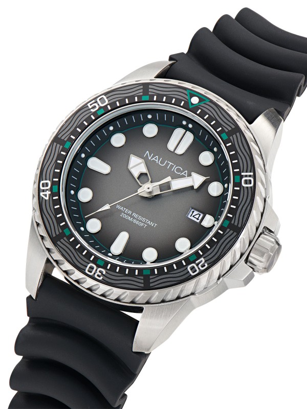 Nautica NCT Sea Dive NAPSDF501 muški ronilački sat sa crnom silikonskom narukvicom, kvarcnim 3H mehanizmom, datumom i vodootpornošću do 200m.