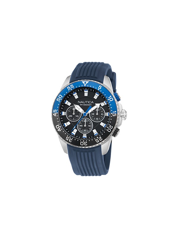 Nautica One muški hronograf box set sa crnim brojčanikom, čeličnom i teget silikonskom narukvicom. Sportski dizajn, kvarcni mehanizam i vodootpornost do 100m.