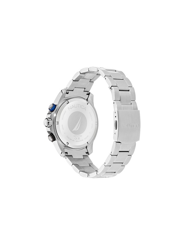 Nautica One muški hronograf box set sa crnim brojčanikom, čeličnom i teget silikonskom narukvicom. Sportski dizajn, kvarcni mehanizam i vodootpornost do 100m.