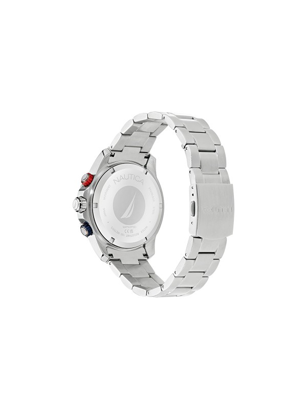Nautica One muški hronograf sa teget brojčanikom, čeličnom narukvicom i kućištem od recikliranog nerđajućeg čelika. Sportski dizajn i vodootpornost do 100m.