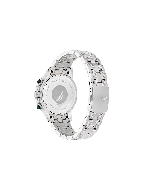 Nautica NST muški sportski hronograf sa crnim brojčanikom, osvetljenim kazaljkama, čeličnom narukvicom i vodootpornošću do 100m.