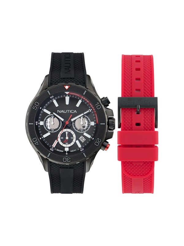 Nautica NST muški hronograf box set sa dve silikonske narukvice, crnim brojčanikom, kvarcnim mehanizmom i vodootpornošću do 100m.