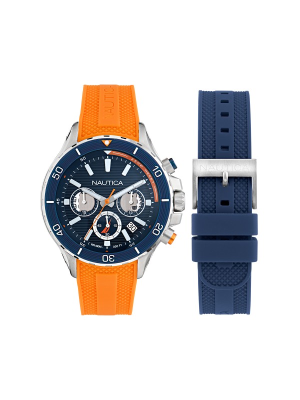Nautica NST muški hronograf box set sa dve silikonske narukvice, teget brojčanikom, kvarcnim mehanizmom i vodootpornošću do 100m.