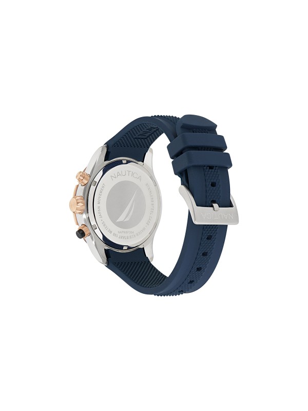 Nautica NST muški sportski hronograf sa teget brojčanikom, kvarcnim mehanizmom, silikonskom narukvicom i vodootpornošću do 100m.