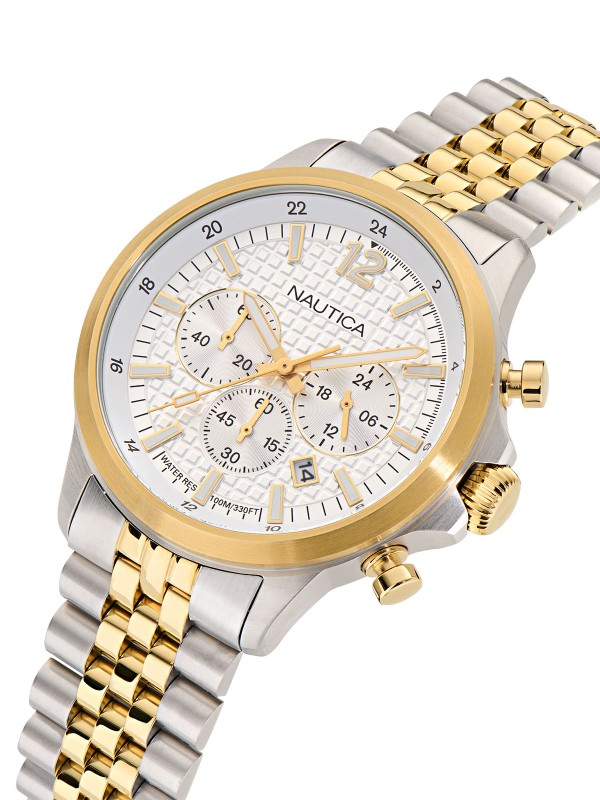 Nautica NCT Blue Ocean muški hronograf od nerđajućeg čelika u srebrnoj i zlatnoj boji, kvarcni mehanizam, vodootpornost 100m i sportsko-elegantan dizajn.