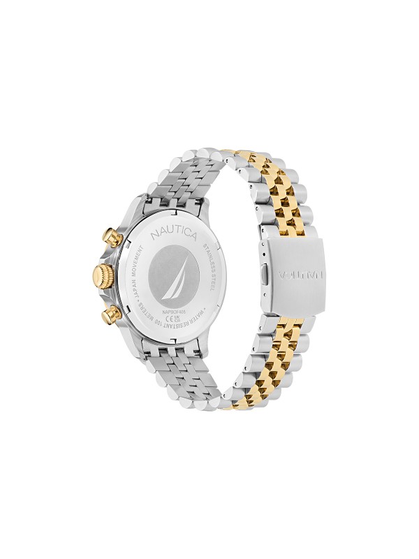 Nautica NCT Blue Ocean muški hronograf od nerđajućeg čelika u srebrnoj i zlatnoj boji, kvarcni mehanizam, vodootpornost 100m i sportsko-elegantan dizajn.