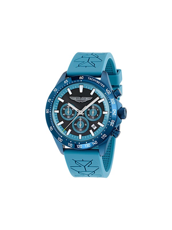 Aston Martin muški hronograf sa plavim kućištem od 44 mm i silikonskom narukvicom. Safirno staklo i vodootpornost do 100 m. Naruči online!