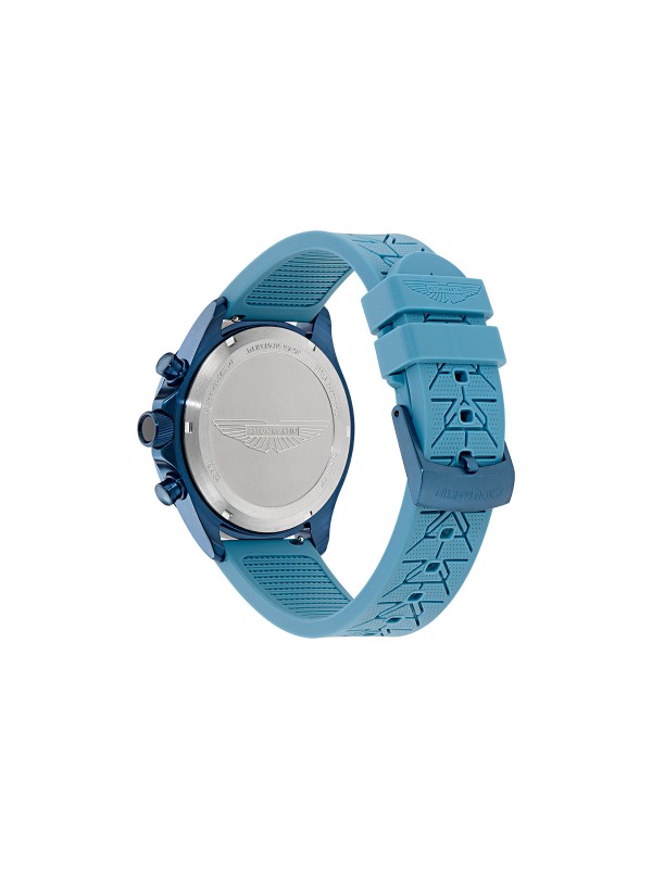 Aston Martin muški hronograf sa plavim kućištem od 44 mm i silikonskom narukvicom. Safirno staklo i vodootpornost do 100 m. Naruči online!