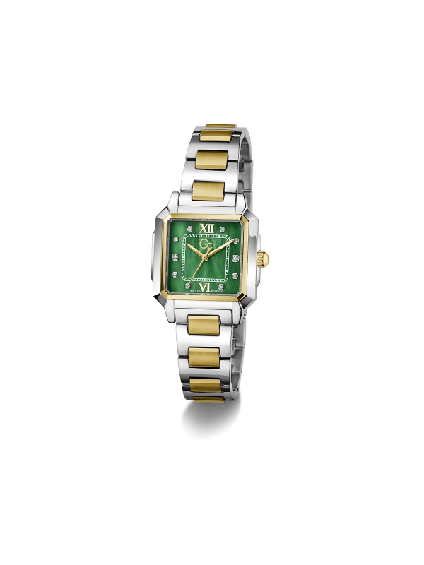 Gc Square Cut Lady ženski sat sa zelenim brojčanikom i kućištem u kombinaciji srebra i žutog zlata. Švajcarski mehanizam i elegantan dizajn. Naruči online!