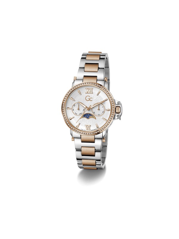 Gc Moon Chic ženski sat sa funkcijom mesečevih mena i kućištem u kombinaciji srebra i roze zlata sa cirkonima. Safirno staklo i elegantan dizajn. Naruči online!
