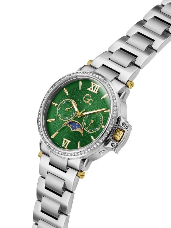 Gc Moon Chic ženski sat sa zelenim sunray brojčanikom i funkcijom mesečevih mena. Safirno staklo i švajcarski mehanizam. Poruči online!