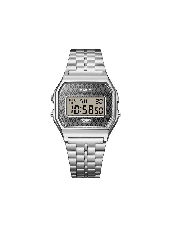 Casio Vintage digitalni sat sa srebrnim brojčanikom i seigaiha uzorkom. LED osvetljenje, alarm i retro dizajn. Poruči online!