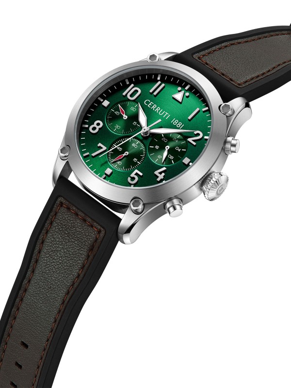 Cerutti 1881 Borgatello muški sportski sat sa zelenim brojčanikom i crnom kožnom narukvicom. Dual Time funkcija i vodootpornost do 100 m. Naruči online!