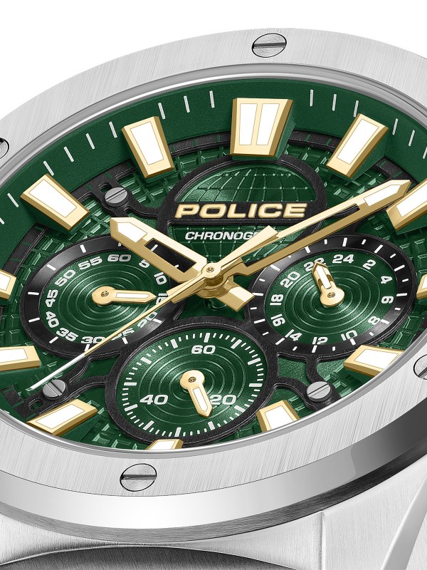 Police Moonstrike muški hronograf sat sa zelenim brojčanikom i detaljima u žutom zlatu. Dual Time funkcija i kućište od nerđajućeg čelika.