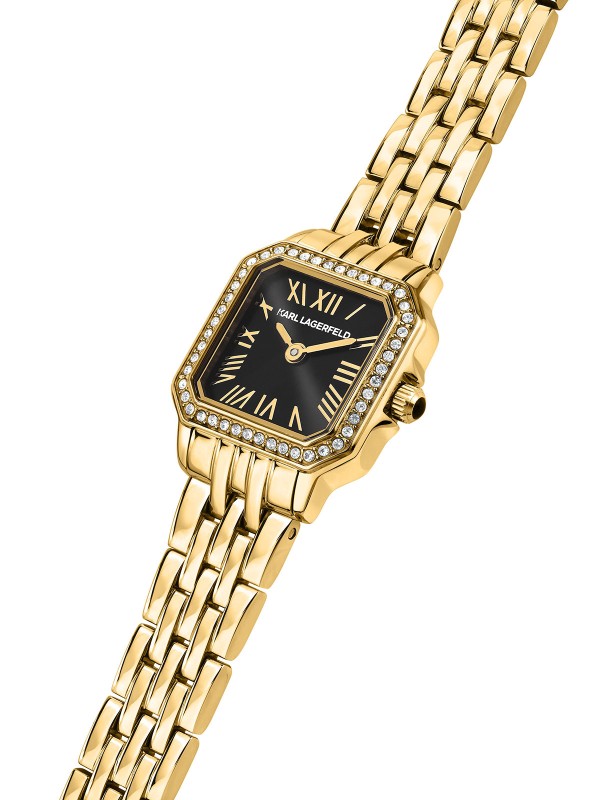 Ženski Karl Lagerfeld Icon Square sat u boji žutog zlata sa crnim sunray brojčanikom i cirkonima. Kvadratni dizajn i elegantna mini veličina. Naruči online!