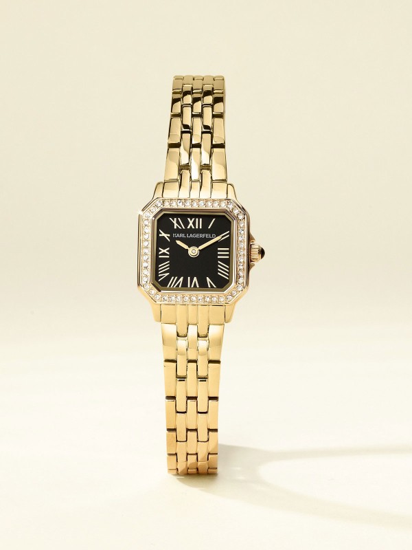 Ženski Karl Lagerfeld Icon Square sat u boji žutog zlata sa crnim sunray brojčanikom i cirkonima. Kvadratni dizajn i elegantna mini veličina. Naruči online!