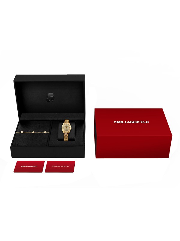 Ženski Karl Lagerfeld set u boji žutog zlata sa satom i narukvicama. Kvarcni mehanizam, mineralno staklo i elegantan dizajn. Naruči online!