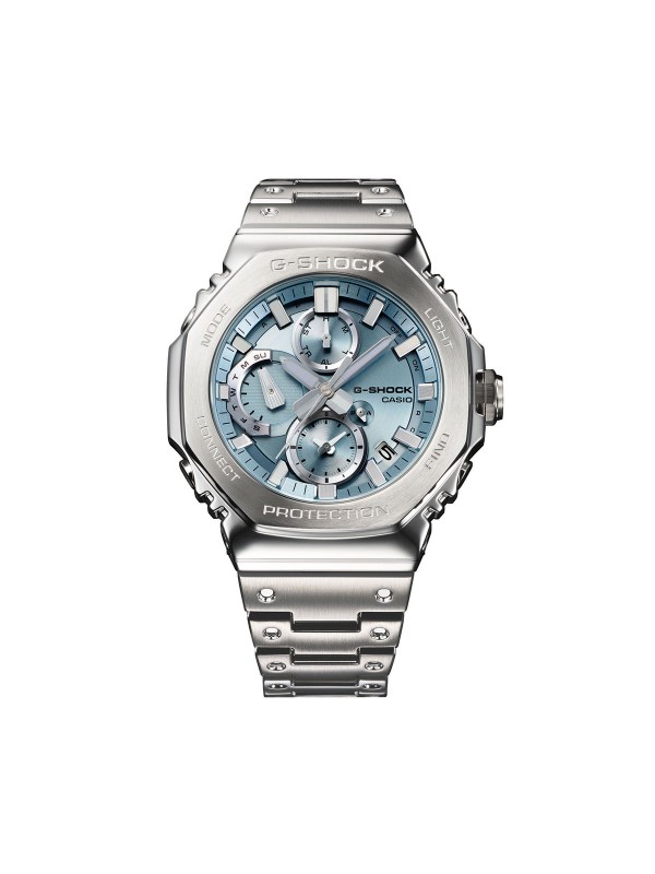 G-SHOCK Full Metal GMC-B2100. Analogni hronograf od čelika sa ledeno plavim brojčanikom. Poseduje Bluetooth, solarno napajanje i vodootpornost do 200m.