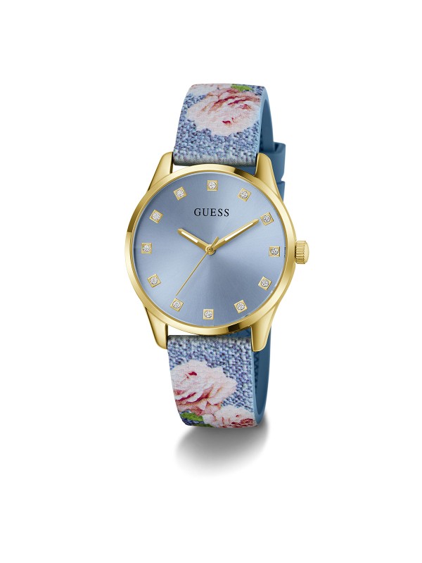 Ženski GUESS Marigold sat od 36mm u zlatnom tonu. Ledeno plavi brojčanik sa kristalima i plava silikonska narukvica sa cvetnim printom. Vodootporan do 30m.