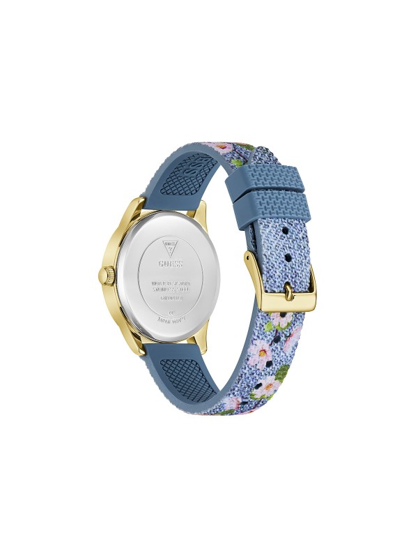 Ženski GUESS Marigold sat od 36mm u zlatnom tonu. Ledeno plavi brojčanik sa kristalima i plava silikonska narukvica sa cvetnim printom. Vodootporan do 30m.