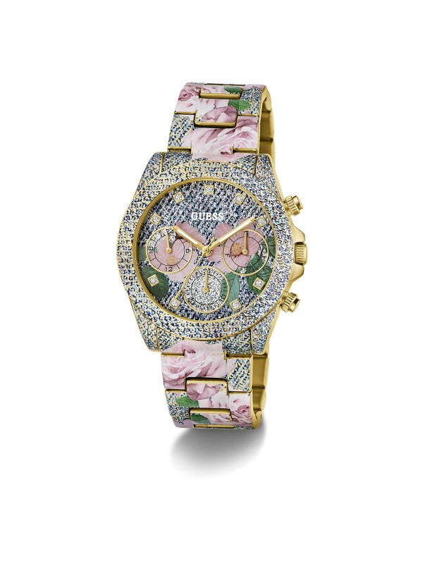 Upečatljiv GUESS Rosalie ženski sat od 38mm. Jedinstven dizajn sa printom teksasa i cvetnim motivima. Multifunkcionalan mehanizam i vodootpornost do 50m.