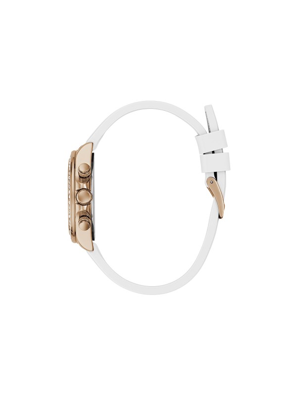 GUESS Victoria ženski sat od 36mm u tonu roze zlata sa cirkonima i belim sedefom. Bela silikonska narukvica i vodootpornost 50m. Spoj sportskog duha i luksuza.