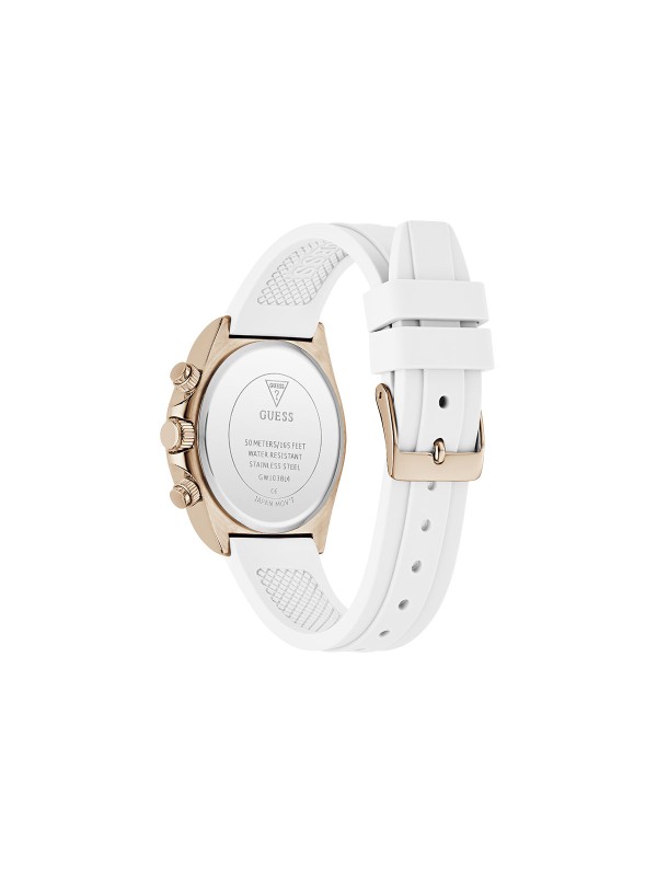GUESS Victoria ženski sat od 36mm u tonu roze zlata sa cirkonima i belim sedefom. Bela silikonska narukvica i vodootpornost 50m. Spoj sportskog duha i luksuza.