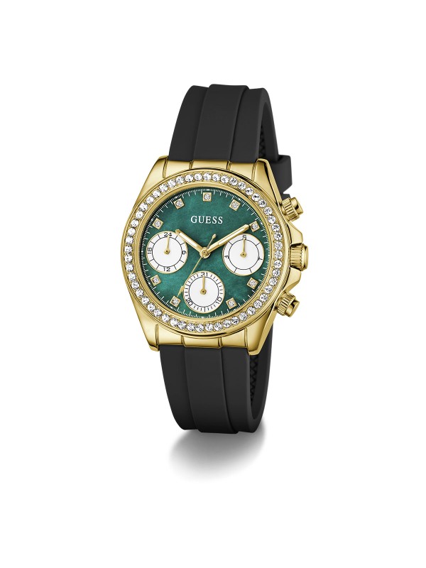 GUESS Victoria ženski sat od 36mm u zlatnom tonu sa cirkonima i zelenoplavim sedefom. Crna silikonska narukvica i vodootpornost 50m. Spoj luksuza i udobnosti.