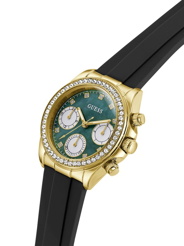 GUESS Victoria ženski sat od 36mm u zlatnom tonu sa cirkonima i zelenoplavim sedefom. Crna silikonska narukvica i vodootpornost 50m. Spoj luksuza i udobnosti.