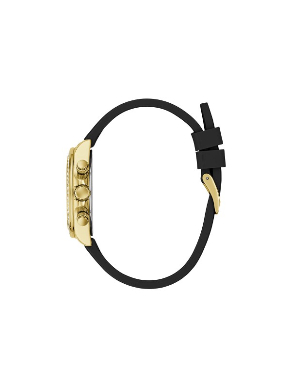 GUESS Victoria ženski sat od 36mm u zlatnom tonu sa cirkonima i zelenoplavim sedefom. Crna silikonska narukvica i vodootpornost 50m. Spoj luksuza i udobnosti.