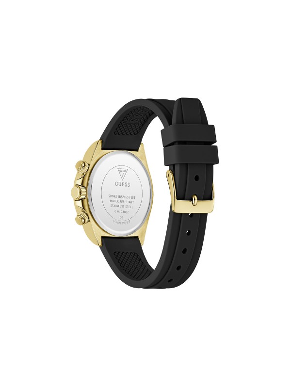 GUESS Victoria ženski sat od 36mm u zlatnom tonu sa cirkonima i zelenoplavim sedefom. Crna silikonska narukvica i vodootpornost 50m. Spoj luksuza i udobnosti.