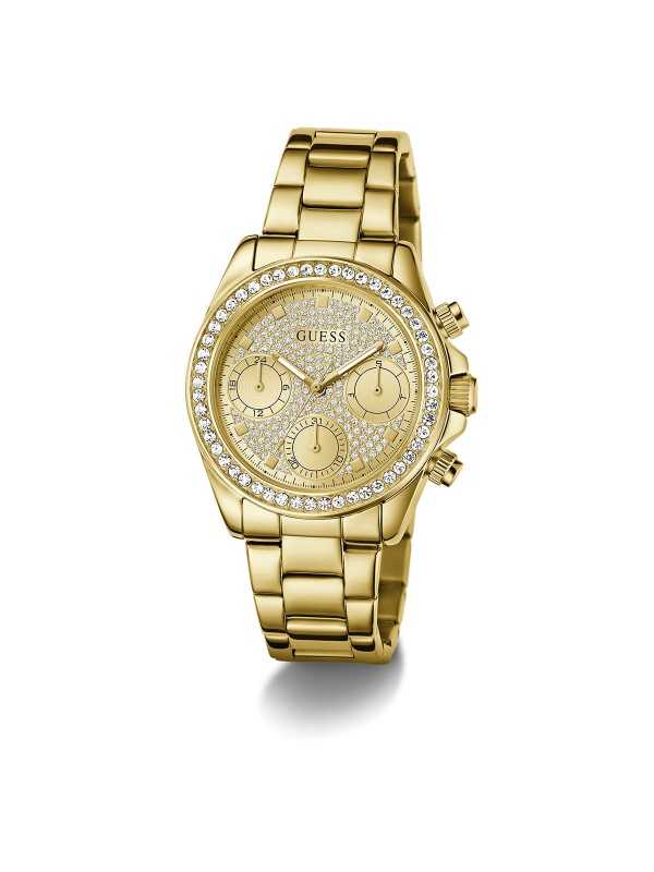 Blistavi GUESS Victoria ženski sat od 36mm u zlatnom tonu. Brojčanik i korona su prekriveni cirkonima za maksimalan sjaj. Multifunkcionalan i vodootporan do 50m.