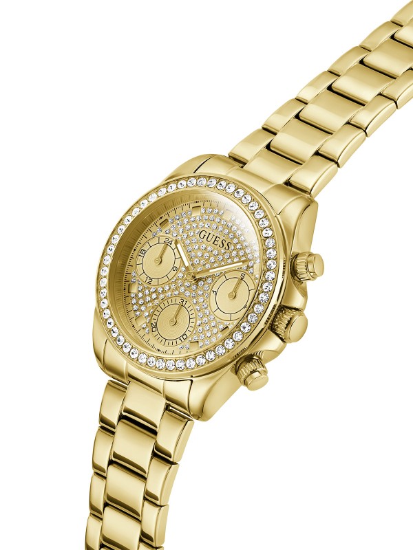 Blistavi GUESS Victoria ženski sat od 36mm u zlatnom tonu. Brojčanik i korona su prekriveni cirkonima za maksimalan sjaj. Multifunkcionalan i vodootporan do 50m.