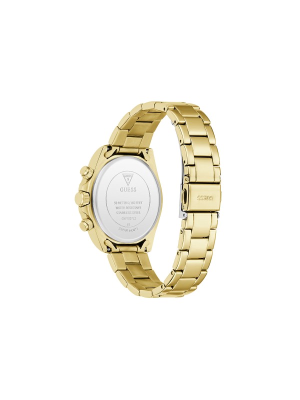 Blistavi GUESS Victoria ženski sat od 36mm u zlatnom tonu. Brojčanik i korona su prekriveni cirkonima za maksimalan sjaj. Multifunkcionalan i vodootporan do 50m.