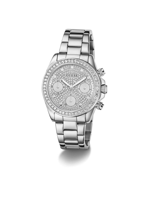 Blistavi GUESS Victoria ženski sat od 36mm u srebrnom tonu. Brojčanik i korona prekriveni cirkonima za maksimalan sjaj. Multifunkcionalan i vodootporan do 50m.