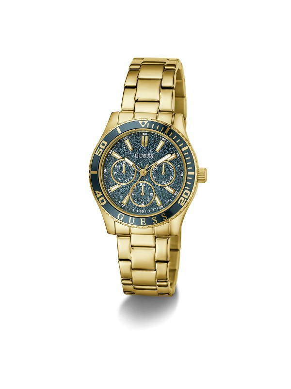 Glamurozan GUESS Mariana ženski sat od 36mm. Zlatni ton sa zelenim sjajnim brojčanikom, zelenom koronom i multifunkcionalnim mehanizmom. Vodootporan do 30m.