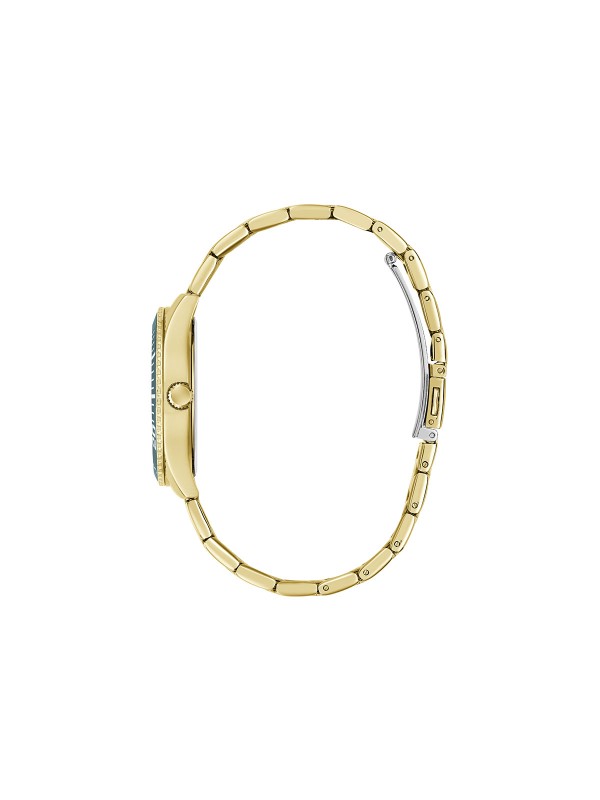 Glamurozan GUESS Mariana ženski sat od 36mm. Zlatni ton sa zelenim sjajnim brojčanikom, zelenom koronom i multifunkcionalnim mehanizmom. Vodootporan do 30m.