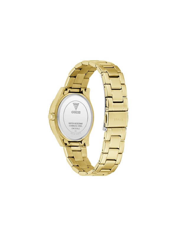 Glamurozan GUESS Mariana ženski sat od 36mm. Zlatni ton sa zelenim sjajnim brojčanikom, zelenom koronom i multifunkcionalnim mehanizmom. Vodootporan do 30m.